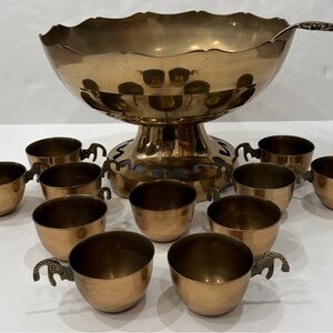 Elegant Vintage Brass Gold Punch Bowl Set with Cups and Ladle